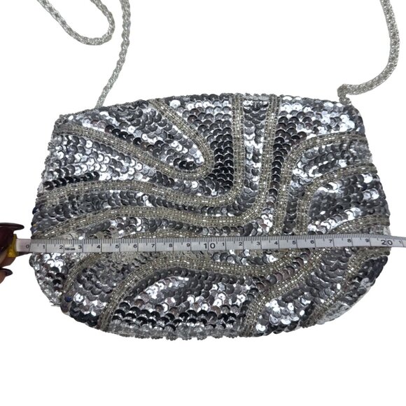 Vintage Carla Marchi Silver Sequin Evening Purse Crossbody Bag - Picture 8 of 11